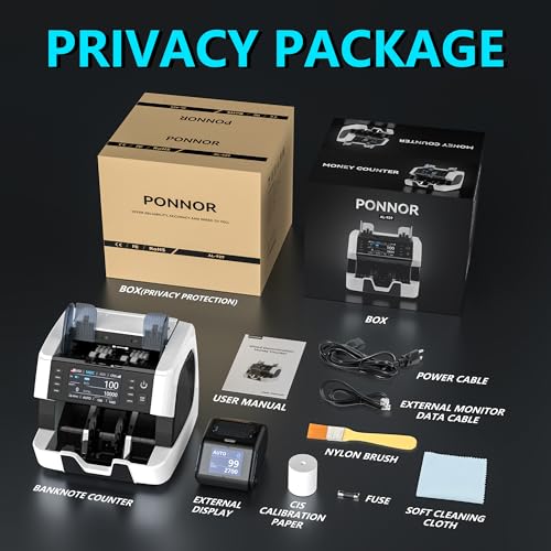 PONNOR Money Counter Machine Mixed Denomination, Serial Number, Multi Currency 2CIS/UV/IR/MG/MT Counterfeit Detection Bill Counter, Cash Counter Machine Value Counting for Business with Printer