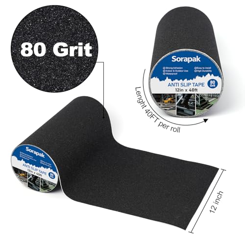 12in x 40 Ft Anti Slip Tape, 80 Grit Black Grip Tape for Stairs - size: 12'' x 40 FT