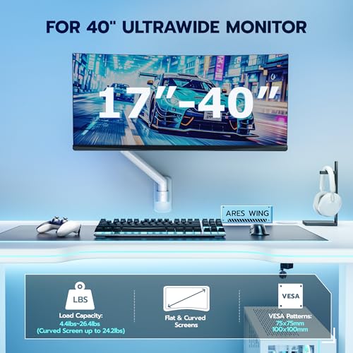 ARES WING 17-40 Inch Ultrawide Single Monitor Wall Mount, White - color: White, size: Single Monitor Arm