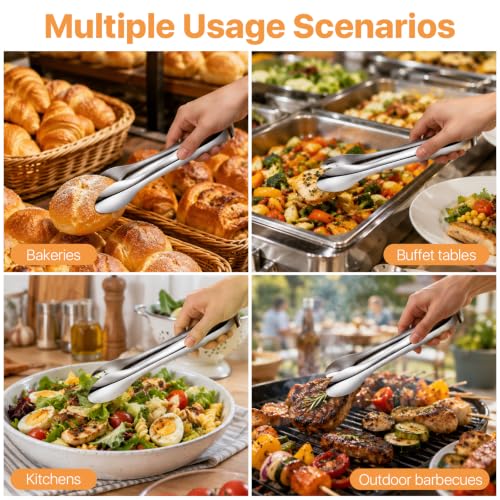 6 Pack Polished Stainless Steel Kitchen Tongs Set, 9 and 12 Inch Metal Food Serving Tong for Buffet Salad BBQ Grilling, Kitchen Utensils for Parties, Catering, Restaurants,Home Entertaining