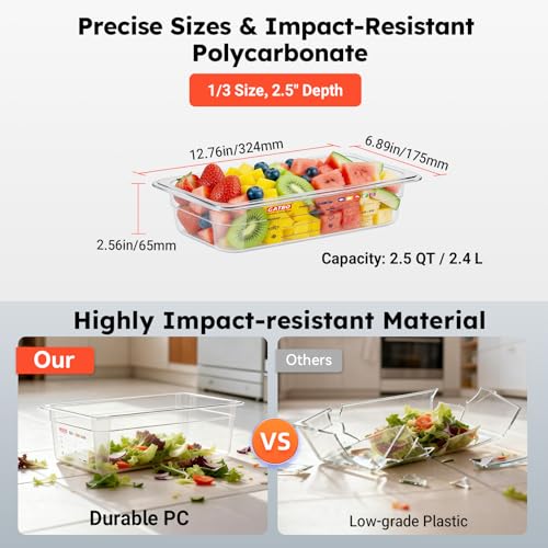 6-Pack 1/3 Size 2.5" Deep Polycarbonate Food Pans, NSF Commercial Clear Food Prep Pan, Hotel Pan for Salad Bar, Prep & Home Kitchen Use, Food-Grade with Erasable Markers - color: 1/3 Size, size: 2.5" Deep