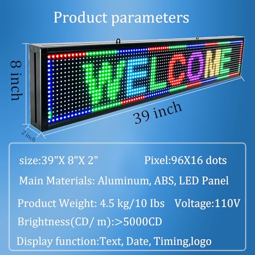 Programmable Scrolling LED Sign for Business, Digital Message Board 39"x8" - size: P10 39"x8" Indoor & Outdoor
