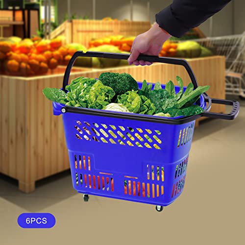6 PCS Shopping Basket with Handles, 9.2Gal Plastic Rolling Shopping Baskets w/Wheels for Retail Supermarket Fruit Stores