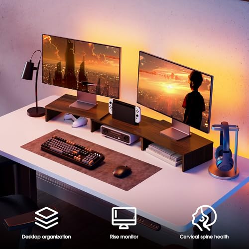 FITUEYES Dual Monitor Stand Riser, Adjustable Length and Angle, Brown - color: Brown