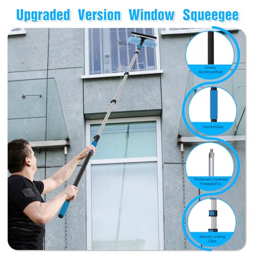 30FT Reach Window Squeegee Kit with Extension Pole, 2-in-1 Professional Washer for High Windows, 5-24FT Adjustable Reach, Rotatable Head for Indoor & Outdoor Use, Streak-Free Cleaning Tool for Home - color: Blue, size: 24FT