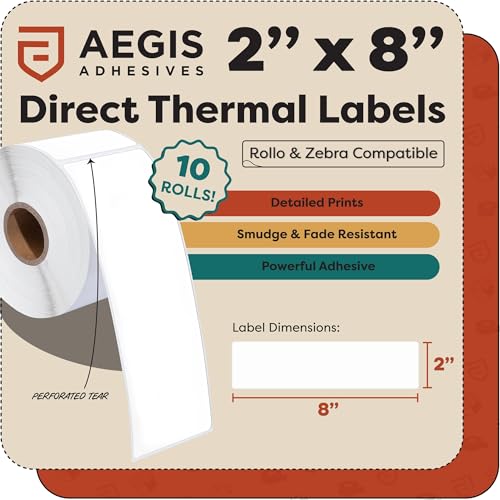 2" X 8" Direct Thermal Labels (2500 Count, 10 Rolls) - Long - size: 2" X 8"