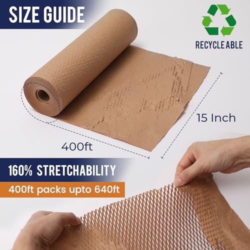Honeycomb Packing Paper For Moving 15" x 400ft With Rope & Fragile Stickers - size: 15" x 400ft