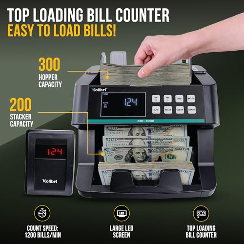 KOLIBRI Money Counter Machine I LCD Display I Business Grade I Advanced UV/MG/IR/DD/HLF Detection I Single Denomination (USD) I 1,200 Notes/Min I 1-Year Warranty I KBC–3000 - color: Black (Kbc–3000)