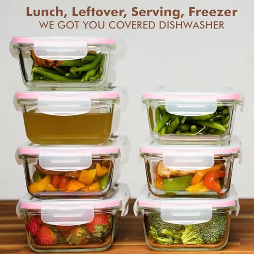 Razab 16 Pc (Set of 8) 30 Oz Glass Meal Prep Containers with Lids, Airtight Large Glass Food Storage Containers, Reusable Leak Proof BPA Free, Freezer to Oven and Dishwasher Safe - color: Pink