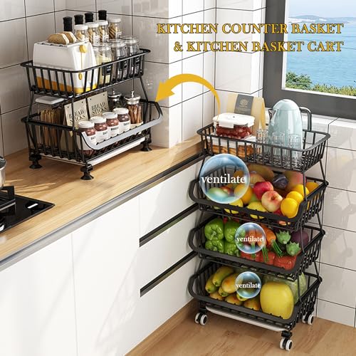BEEY Metal Storage Baskets with Wheels, Metal Wire Market Basket Storage Organizer Cart Rolling Stackable Storage Bins for Kitchen,Pantry,Bedroom (Black, 6 Tier) - color: Black, size: 6 Tier