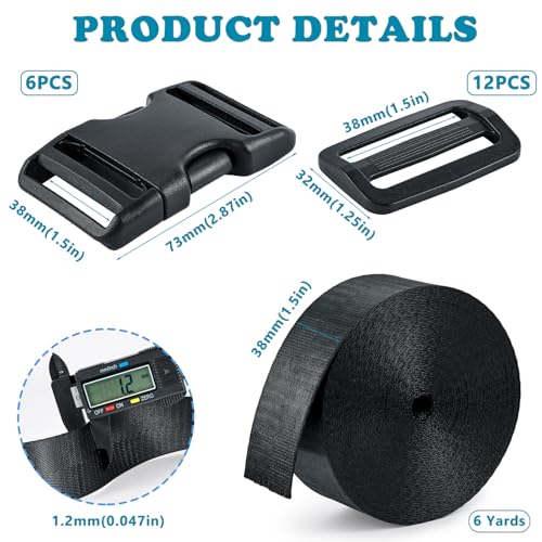 Buckle Straps Set 1-1/2'' - 6 Yards Nylon Webbing 1.5 inch, 6 PCS Dual Side Release Buckles, 12 PCS Tri-Glide Sliders, Heavy Duty Dual Adjustable No Sewing Kit - size: 1-1/2 inch