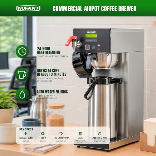 NUPANT Commercial Airpot Coffee Brewer 14 Cup Auto-Fill Dirp Coffee Maker Machine with 74oz 24H Thermal Carafe, Stainless Steel, Hot Water Dispenser,Temp./Cup Control LCD Screen for Restaurant Office - size: Auto-Filling/Digital LCD Control