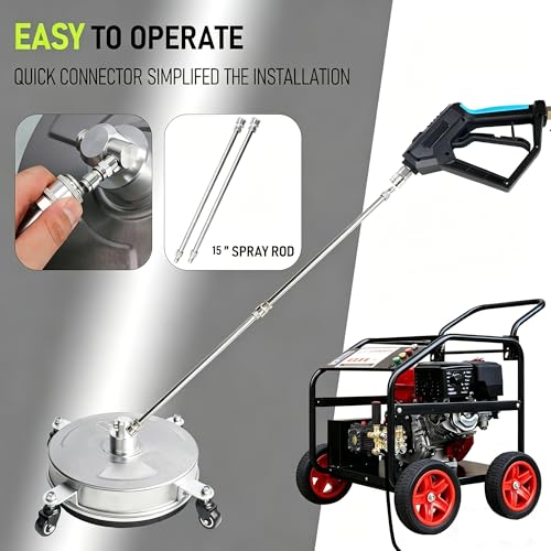 Hourleey 19" Pressure Washer Surface Cleaner, Stainless Steel Surface Cleaner with 4 Wheels for Concrete, Patio, Sidewalk, Deck, Pathway 1/4" Quick Connector, 2 Extension Wand, 4000 PSI - size: 19 Inch
