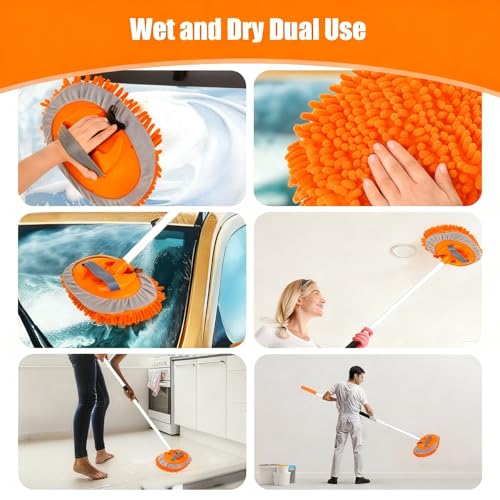 62" Car Wash Brush with Long Handle Chenille Scratch-Free Head Aluminum Pole - color: Orange