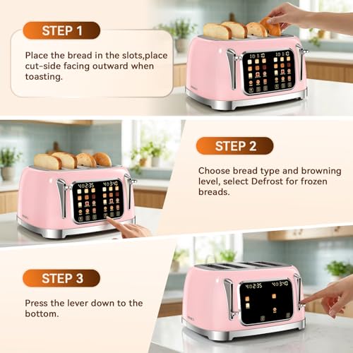 Retro Toaster 4 Slice Wide Slot Touch Screen, Blush Pink - color: Blush Pink