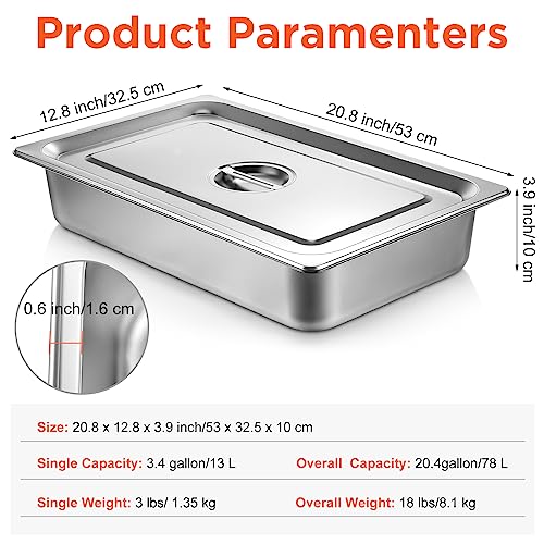 Dandat Full Size Steam Table Hotel Pans with Lid, 20.8 x 12.8 x 3.9 Inch - size: 20.8 x 12.8 x 3.9 Inch