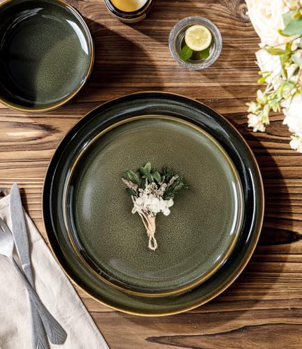 TheTerra Ceramic Dinnerware Set for 4, 12-Piece Plates and Bowls Set - color: Olive Green, size: Set (12pcs)