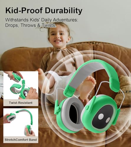 Ear protection for kids, 30dB SNR, 5.5 oz, Lightweight Adjustable - color: Green