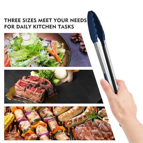 HOTEC Stainless Steel Kitchen Tongs with Silicone Tips, Set of 3-7",9" &12" - color: Classic Blue:12+9+7inch