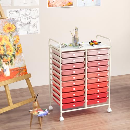 RELAX4LIFE 20 Drawer Rolling Storage Cart, Mobile Rolling Cart w/Drawers for School Classroom Teacher Office Home Salon, Paper File Art Supply Craft Organizer, Utility Cart on Wheels (Gradient Pink) - color: Gradient Pink, size: 35''
