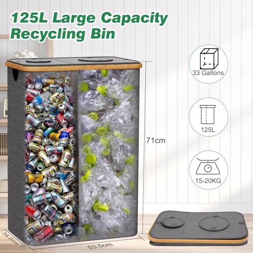 Dual Recycling Bin Kitchen Indoor, 33Gal 125L Lid Removable Inner Bag