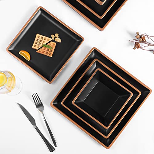Melamine Dinnerware Sets Service for 4, Square Dinner Plates and Bowls Set - color: Metallic bronzed edge