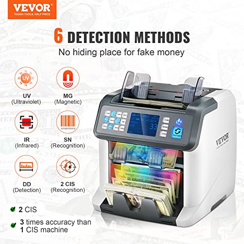VEVOR Mixed Denomination Money Counter Machine, Multi Currency Sorter Bill Counter with Reject Pocket, CIS/UV/MG/IR/DD/DBL/HLF/CHN Counterfeit Detection, Printer Enabled - size: 10.9*11.1*12.8"