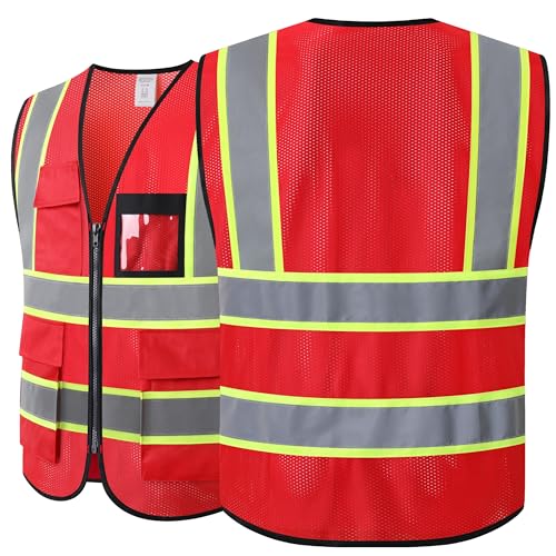 Reflective Safety Vest for Men Women Hi Vis Vest with 8 Pockets High Visibility Mesh Reflective Vest (Red-07,Medium) - color: Red, size: Medium