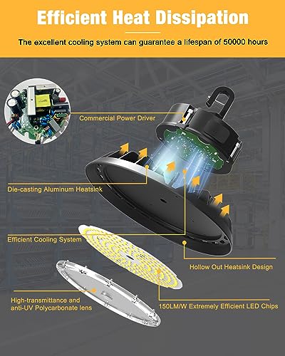 UFO LED High Bay Light 240W 6 Pack, High Bay LED Shop Light 36,000LM 0-10V Dimmable, 5' Cable with US Plug, Hanging Hook, Safe Rope, ETL Listed High Bay for Warehouse Factory Barn Shop