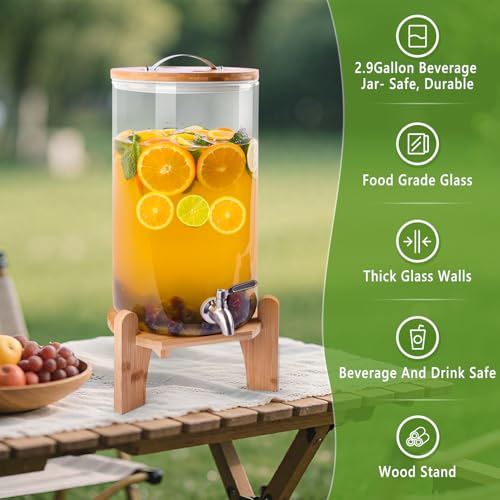 2.9 Gallon Drink Dispenser, Glass Beverage Dispenser with Wood Stand, Lemonade Dispenser with Airtight Valve and Stainless Steel Spigot Fruit, Thick Drink Dispenser for Parties Restaurants Hotels - size: 2.9 Gallon(11L)