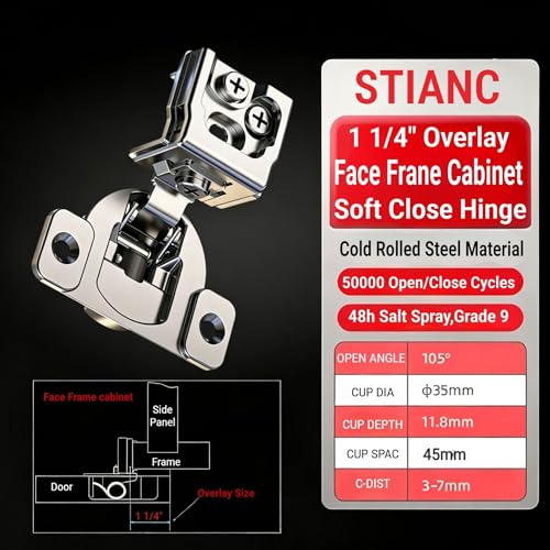 10 Pcs 1 1/4" Overlay Soft Close Cabinet Hinges 105° 3D Adjustable - size: 1-1/4"