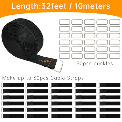 1.5" x32ft Hook and Loop Straps, Long Adjustable Fastening Straps with 30 Metal Buckles, Cut to Length Cinch Straps, Reusable Nylon Securing Cord Ties for Organizer or Storage - color: 1.5"x32ft