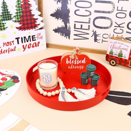 Round Red Decorative Serving Tray with Handles, 13” Versatile Ottoman Tray for Coffee Table, Entertaining, Outdoor Patio, Living Room - color: Red, size: 13"