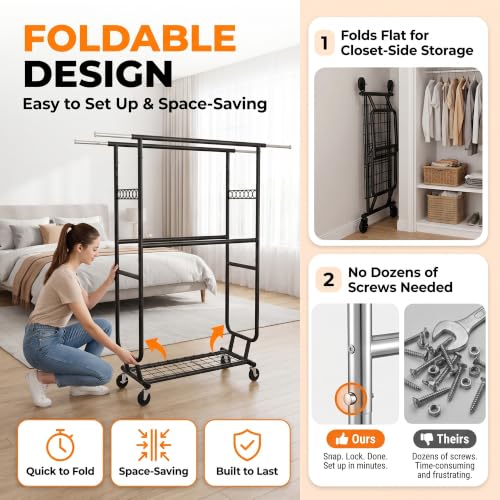 Heavy Duty Clothes Rack with Wheels, Garment Rack Load 660 LBS, Rolling Clothes Rack for Hanging Clothes, Height Adjustable& Scalable& Foldable, for home or commercial, 75"x 22"x 73", Black - color: 4 Rods& Black