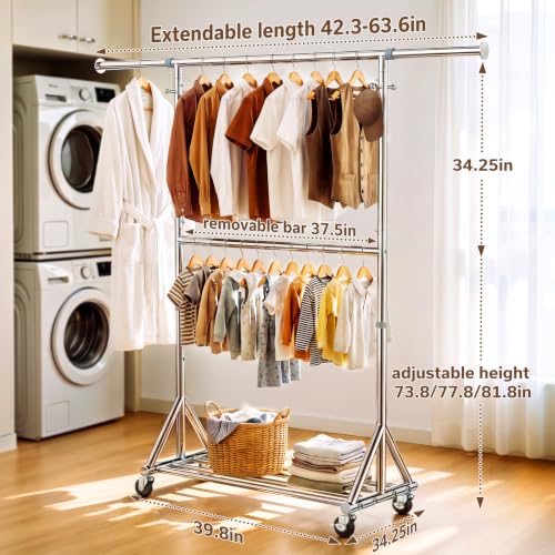 Heavy Duty Clothes Rack 860 LBS, Rolling Clothing Rack with Wheels - color: Silver