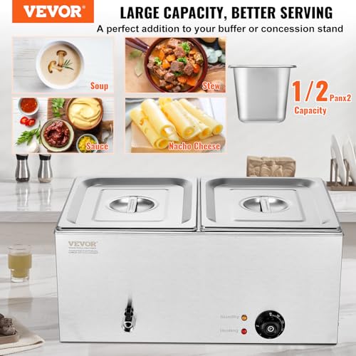 VEVOR 110V 2-Pan Commercial Food Warmer 1200W Electric Steam Table 15cm/6inch Deep Stainless Steel Bain Marie 24 Quart for Buffet Catering, Silver - size: 2x1/2Pan ;24QT