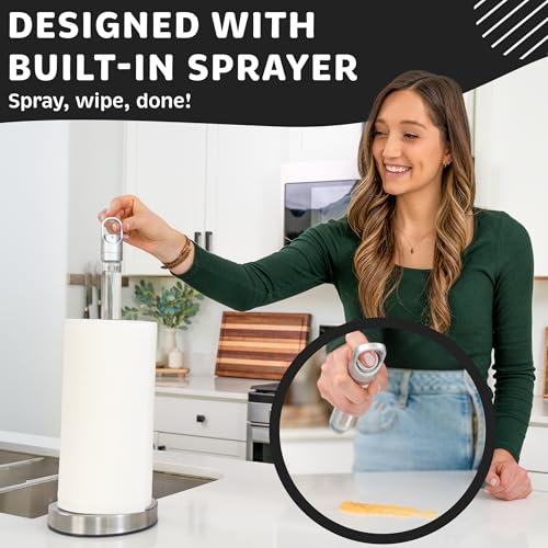 Stainless Steel Paper Towel Holder with Spray Pump – One-Handed Tear, SMART Traction System, 5 oz Sprayer Bottle, Heavy Duty Suction Cups, Weighted Base, Kitchen Towel Dispenser for Countertop Use - color: Silver