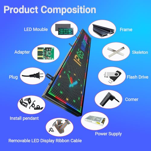Programmable Scrolling P10 LED Display 77"x14" Large Outdoor Led Sign, High Brightness with 16-Level Dimming, WiFi Control, IP65 Waterproof LED Sign for Business, Restaurant, Shopping Mall Advertising - size: P10 77''×14"×2'' Outdoor& Indoor