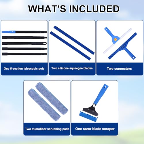 3-in-1 Professional Window Squeegee Kit with 2 Squeegee, 2 Microfiber Scrubber, 1 Razor Scraper, Thick Iron, 77.5" Window Squeegee with Extension Pole for Car, Glass, Mirror, Wall, Bathroom, Home, Van - size: 77.5inch