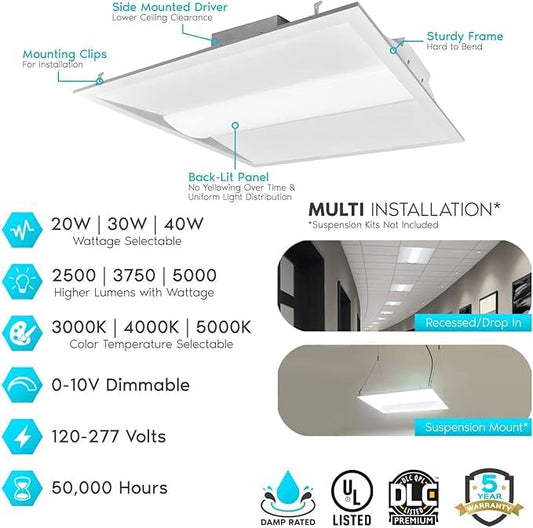 (4 Pack) 2x2 FT Center Basket LED Troffer Panel Light, 20/30/40W Selectable, 3000K | 4000K | 5000K CCT, Dimmable Drop Ceiling Light, 2500/3750/5000 Lumens, 120-277V, Premium, Damp Rated
