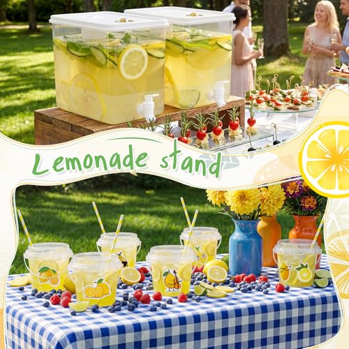 Funnymoom 93 Pcs Lemonade Stand Supplies Include 2 Pack 2.3 Gallon Iced Beverage Dispenser with Spigot 30 Sets 16 oz Lemonade Drink Buckets with Handle Lids Straws Stickers for Party Outdoor Summer