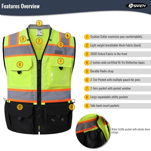 JKSafety Hi-Vis Unisex Surveyor Safety Vest Heavy Duty PPE Inner Pockets ANSI/ISEA Compliant - color: 188-yellowblack, size: Medium