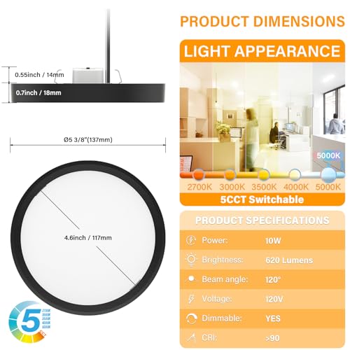 5 Inch Black Flush Mount Ceiling Light 5CCT Selectable LED Edgelit Slim Surface Mount Downlight for J-Box, Mini Flat Panel Light, Dimmable, 120VAC, 10W, 620LM, CRI90, ETL, Wet Rated, 4 Packs - color: Black