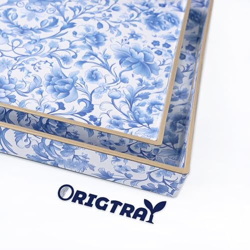 Serving Tray with Handles, 2 Pack Rectangular Plastic Tray 15.75x11.81 Inch, Blue and White Peony Chinese Porcelain Style Decorative Tray for Kitchen, Dining Table, Vanity, Office & Home - color: Blue and White Peony 2 Pcs
