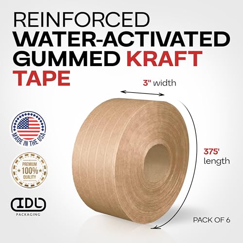 IDL Packaging 3" x 375' Water-Activated Kraft Gummed Tape, 70lb (6-Pack) - color: Brown, 70 lbs