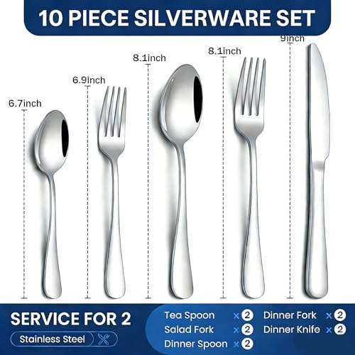 10-Piece Silverware Set, Stainless Steel Flatware Set Service for 2 - color: Silver, size: 10-Piece
