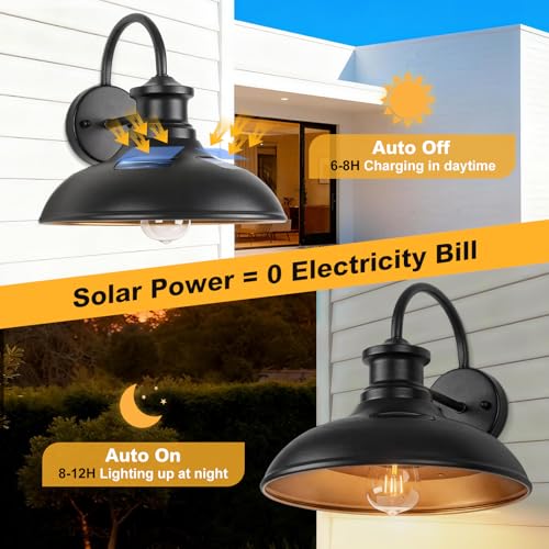 12" Solar Barn Lights Outdoor, Solar Gooseneck Lights with Gold Interior - color: Black+Gold (12 IN), size: 2 Packs