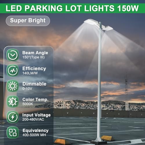 480V 150W LED Parking Lot Light, 5000K 21000LM(140lm/w) LED Shoebox Area Light - Direct Arm Mount, Dimmable Commercial Street Lighting, Surge Protection Built-in, AC277-480V UL Listed - color: Direct Arm Mount, size: 150W(200-480V)