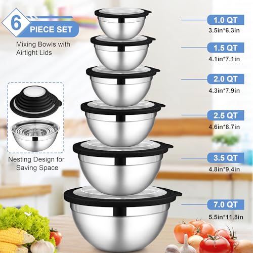 LIANYU Stainless Steel Mixing Bowls with Transparent Airtight Lids Set of 6 - color: Black, style: Atlas Base with Visible Lids