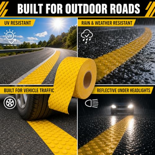 Raised Reflective Pavement Marking Tape, Slip-Resistant Durable Heavy-Duty Rubber Base for Outdoor Use, Ideal for Driveways, Walkways & Parking Areas (Yellow, 4 Inch x 75 Feet) - size: 4 Inch X 75 Feet